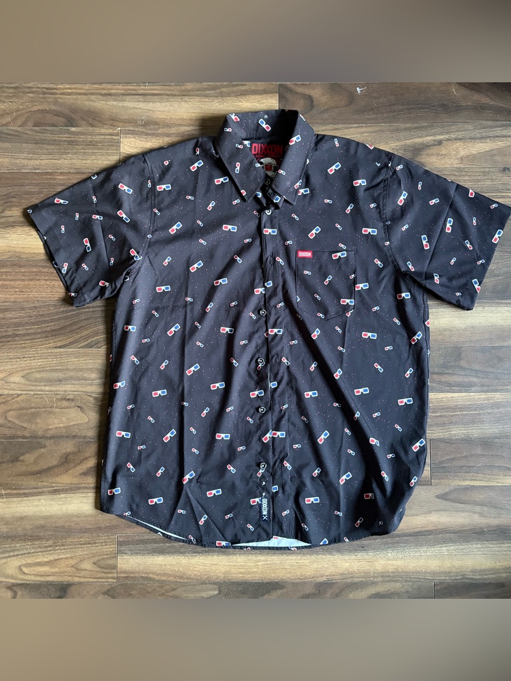 DIXXON Black Short-Sleeve Button-Down Shirt with Red & Blue 3D Glasses Print
